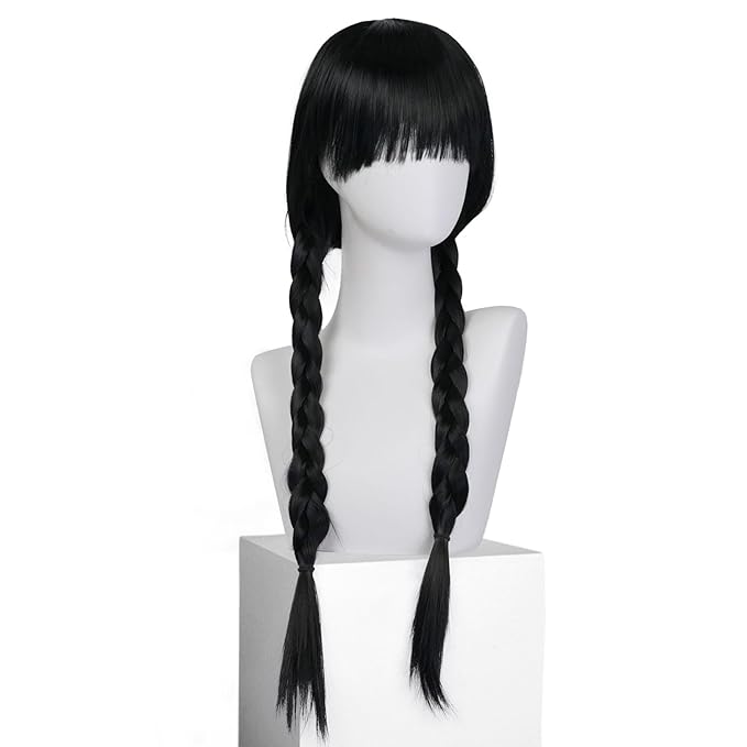 Wednesday Wig Black Cosplay Wig for Women Black Two Braids Wig for Halloween Costume Black Wig with Bangs Long Black Costume Wig for Party