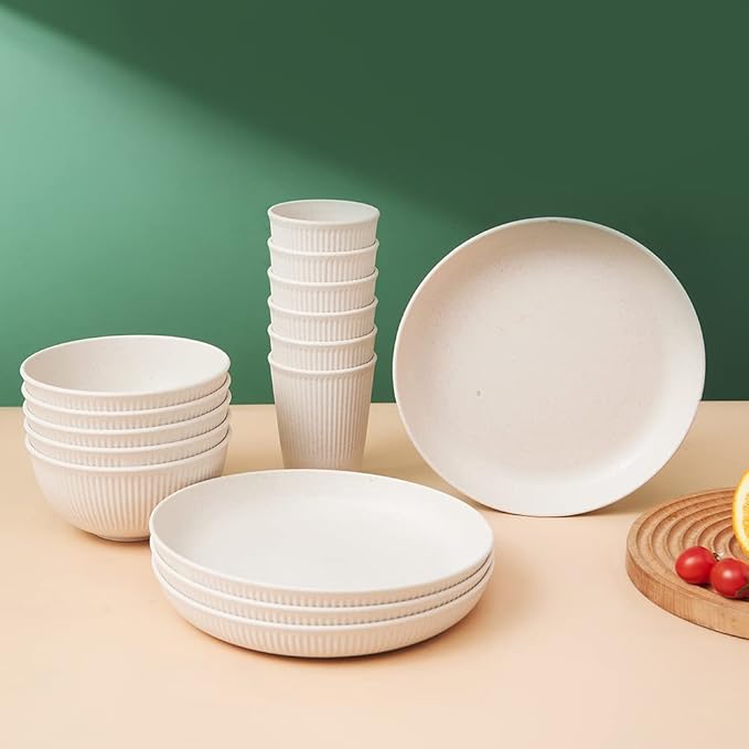 12pcs Wheat Straw Dinnerware Sets HXYPN Unbreakable Reusable Dinnerware Set Kitchen Cups Plates and Bowls Sets Dishwasher Microwave Safe Plates