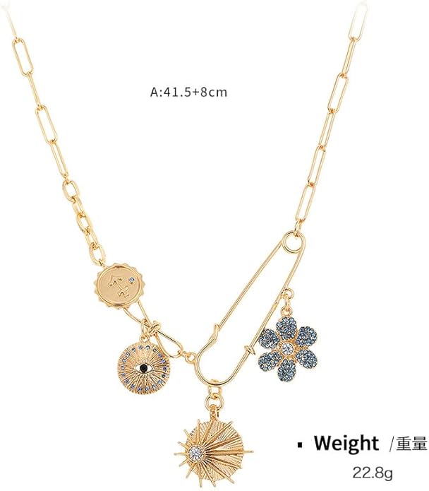 Glod Plated Boho Paperclip Chain Charm Necklace for Women Handmade Evil Eye Sun Moon Star Flower Coin Safety Pin Necklace Celestial Jewelry