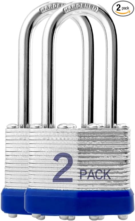 Lock Outdoor Padlocks, Key Lock, Padlocks with Same Key - Laminated Steel Keyed Padlocks with Long Shackle, 2 Pack, for Hasp Latch, Sheds, Fences, Storage Locker, School, Gym