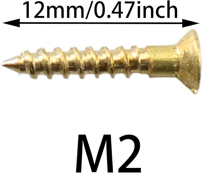 Pre-Drilling Screw MEETOOT 25pcs Brass Slotted Countersunk Head Screws Flat Self-Tapping Wood Bolt Woodworking Screws Furniture Hardware 2 x 12Inch (M2 x 12mm), Gold