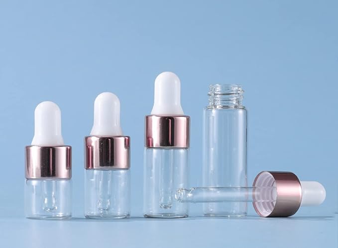 50 Pcs Mini Glass Dropper Bottle Lab Dropping Bottles Essential Oil Dropper Bottles Cosmetic Sample Vials Dropping Sample Containers Eye Dropper Dispenser (Rose Gold, 1ML)