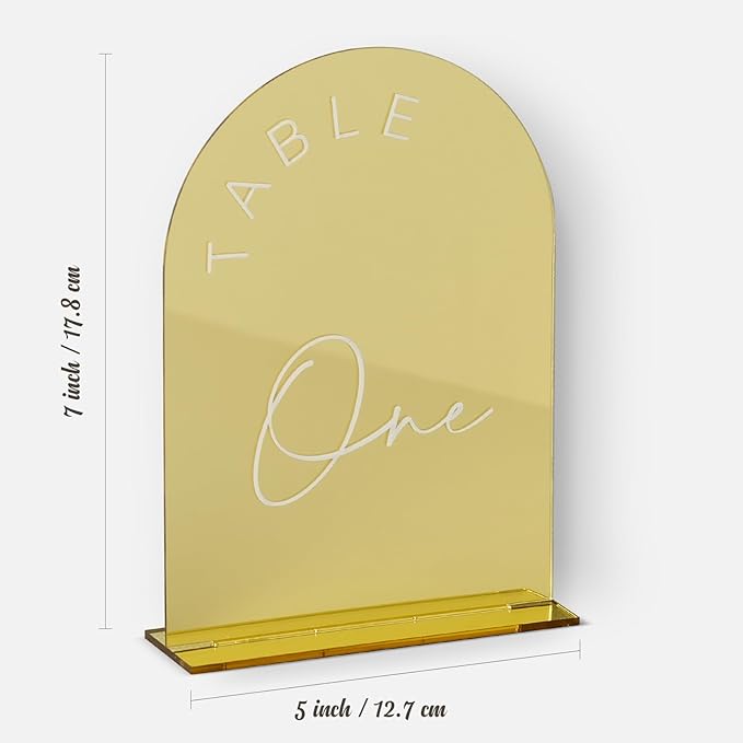 Gold Mirror Arch Wedding Table Numbers 1-25 with Stands, 5x7 Inch Acrylic Arch Sign with Holder, Gold Mirror Arched Acrylic Table Numbers for Wedding Reception(1-25, 5"x7")