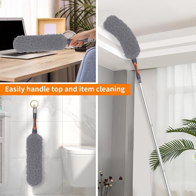 Professional Duster Kit with Assembled Extension Pole, Cobweb Duster, Window Scrubbing Squeegee, Cobweb Duster, IndoorOutdoor Stretchable Bendable Duster Cleaning Kit
