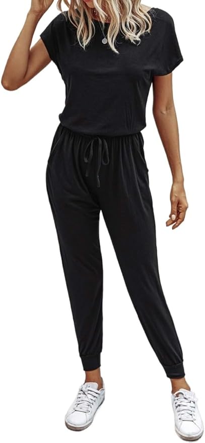 Women's Casual Jumpsuit Solid Drawstring Waist Jumpsuit Trendy Outfits