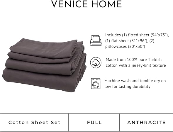 100 Cotton Bed Sheet Set with Deep Pocket - T-Shirt Fabric Jersey Knit - Extra Soft - Easy Fit - 4 Piece Set with Pillowcases - All Season - Comfy 4 pcs (Anthracite, Full)