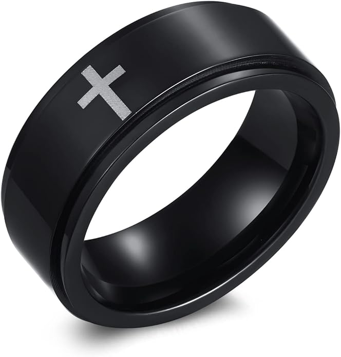 6mm/8mm Titanium Steel Black/Silver/Gold Fidget Ring Engraved Small Cross Stainless Steel Spinner Rings Stress Relieving Anxiety Ring Engagement Wedding Promise Band for Women Men Size 5-15