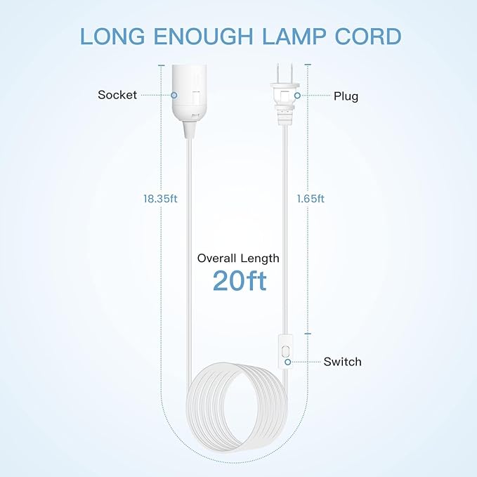 Simple Deluxe 20 Feet Extension Hanging Lantern Pendant Light Cord with E26 Socket, Featuring an OnOff Switch(Bulb Not Included), White1 Pack