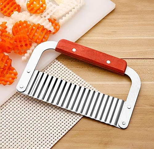 Crinkle Cutter Stainless Steel Potato Slicer Heavy Duty Wavy Crinkle Cutting Chopping Tools with Wooden Handle for Carrot Veggies