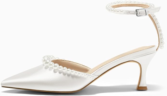 Coutgo Womens Pearl Kitten Heels Closed Pointed Toe Wedding Bride Dress Shoes Ankle Strap Satin Pumps