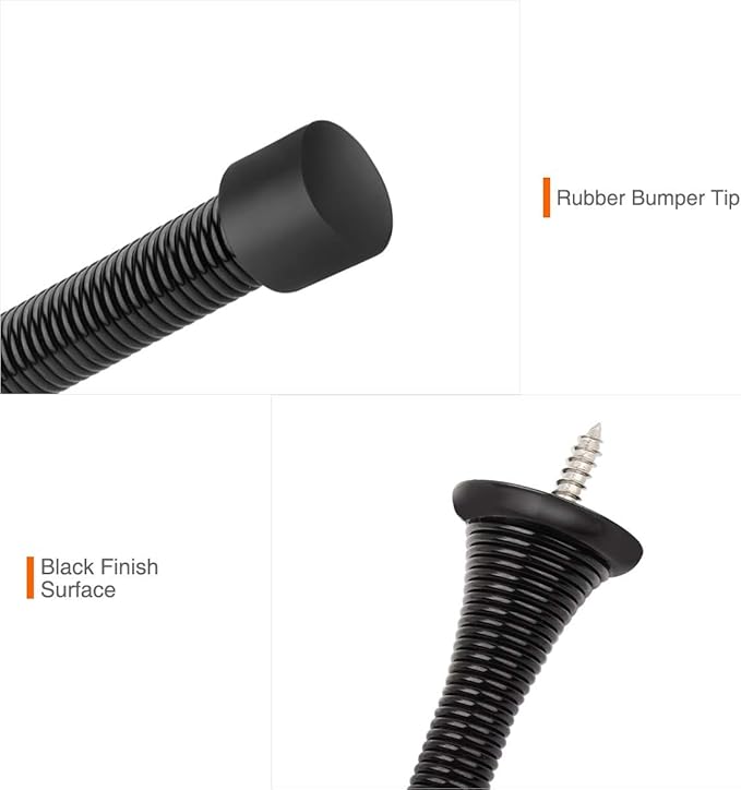1Pack Spring Door Stopper Black- 3-1/4" Flexible Spring Door Stops with Black Rubber Bumper Tips