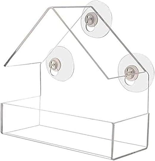 Window Bird House Feeder with Extra Strong Suction Cups Clear Bird Seed Holder for Outside Birdhouse Shape WMBF0001