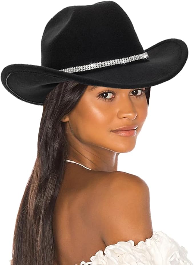 Women-Rhinestone-Western-Cowboy-Hats - Vintage-Wide-Brim-Cowgirls-Hat Bling-Diamond-Hat for Disco Music Party M/L