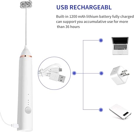 Milk Frother, Rechargeable hand-Held Electric Milk Frother 3 Adjustable USB Charging Can Be Used forBulletproof Coffee Protein Drinks Matcha Coffee Whisk (White)