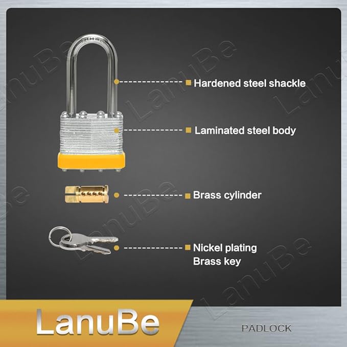 Lock Laminated keyed Padlock (1-916", 40mm), keyed Alike Locks, Long Shackle,Marked Yellow Plastic Hoop, Pack of 2