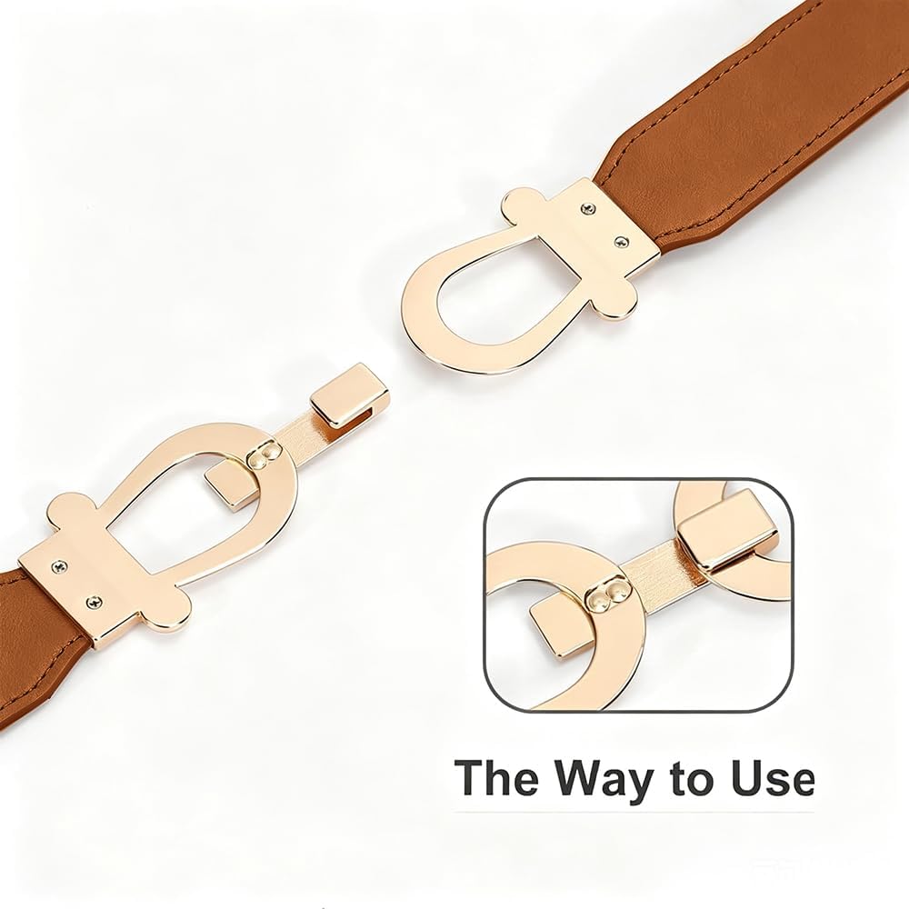 Women Stretchy Waist Belt with Gold Buckle, Retro Elastic Skinny Belt for Ladies, Adjustable and Comfortable Fit