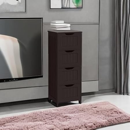 Yaheetech Bathroom Floor Cabinet, Wooden Side Storage Organizer, 4 Drawers Free-Standing Cabinet for BathroomHallwayLiving Room, Espresso