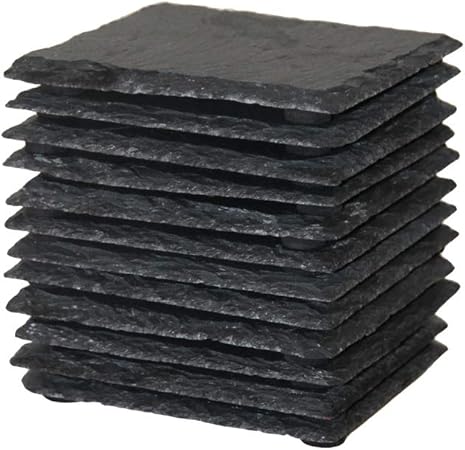 12 Pack 4 x 4 Inch Gorgeous Black Slate Stone Coasters Bulk Square Slate for Drink Bar Kitchen Home, Handmade Natural Rough Edge, Set of 12