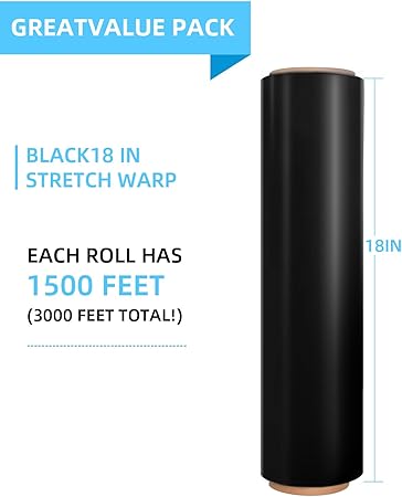 Stretch Wrap Roll, Heavy Duty 1500ft Shrink Wrap Roll, Black 18 Inch 80 Gauge Industrial Strength Stretch Film, Plastic Wrap for Pallet Wrapping Shipping Moving(2 Pack)