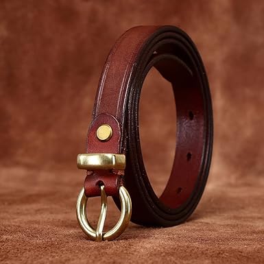 Skinny Women Vintage Distressed Leather Belts 0.7" Thin Waist Strap With Half-Circle Gold Buckle For Jeans Pants