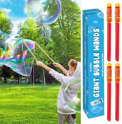 4 Pack Party Box Giant Bubble Wands Including 2 Gallons of Huge Bubble Solution Mix Refill for Huge Bubble Maker Liquid Big BubblesPARTY Outdoor Summer Toys Activities for Kids Boys and Girls Kit