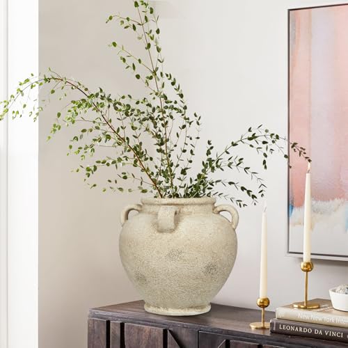 Rustic Ceramic Vase with Handles Antique-Style Beige Farmhouse Pottery Decorative Urn for Table Centerpiece, Mantel, Shelf, or Entryway Home Décor