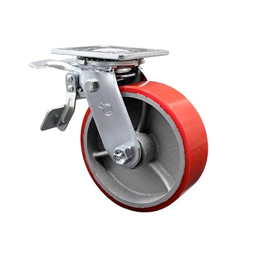 Polyurethane on Cast Iron Swivel Top Plate Heavy Duty Caster with 6 Inch Red Wheel and Total Lock Brake 1,200 lbs. CapacityCaster - Service Caster Brand