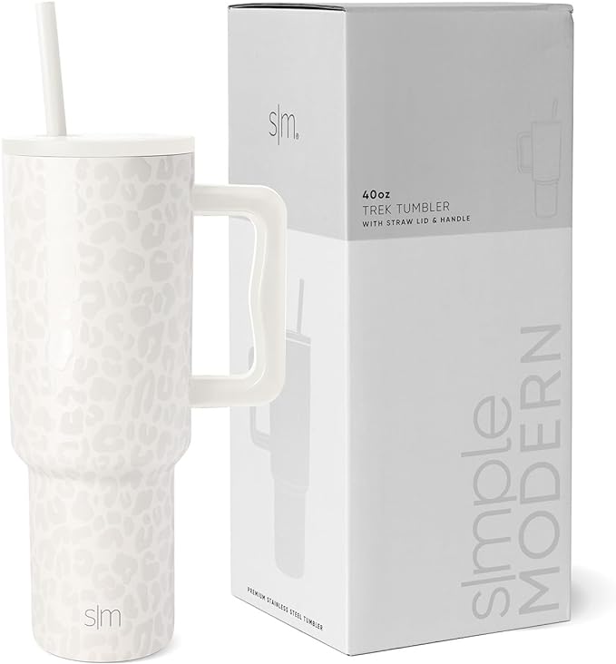 Simple Modern 40 oz Trek Tumbler with Handle and Straw Lid Cup Holder Friendly Insulated Stainless Steel Travel Mug Cream Leopard