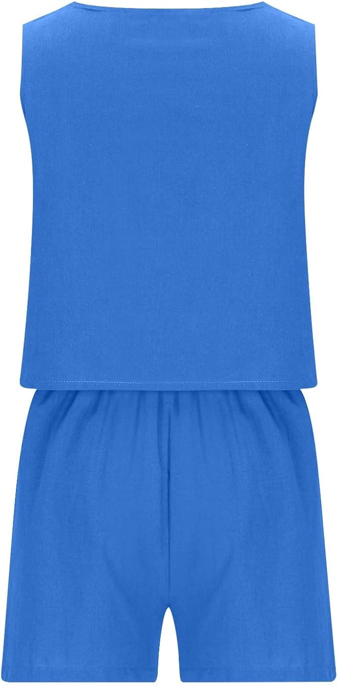 Womens 2 Piece Outfits Summer Linen Lounge Sets Loose Sleeveless Square Neck Tank Crop Tops and Wide Leg Shorts Set
