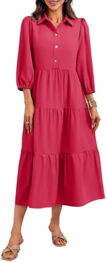 Wenrine Womens Casual 34 Sleeve Shirt Dress Button Down V Neck Tiered Collared Flowy Maxi Dress