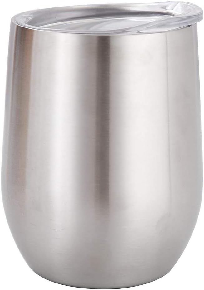 12 oz Stainless Steel Wine Tumbler Stemless Glasses with Lid, Double Wall Insulated Travel Mug Perfect for Wine, Coffee, Drinks, Champagne, Cocktails (Stainless Steel)
