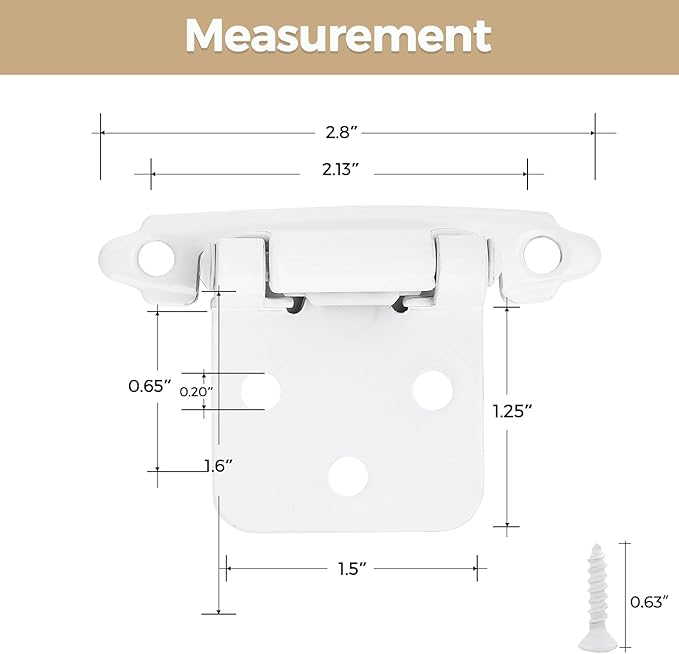 26 Pack (13 Pair) White Cabinet Hinges - 1/2-inch Overlay, Semi-Concealed Self Closing Hardware with Door Bumper, White Face Mount Hardware