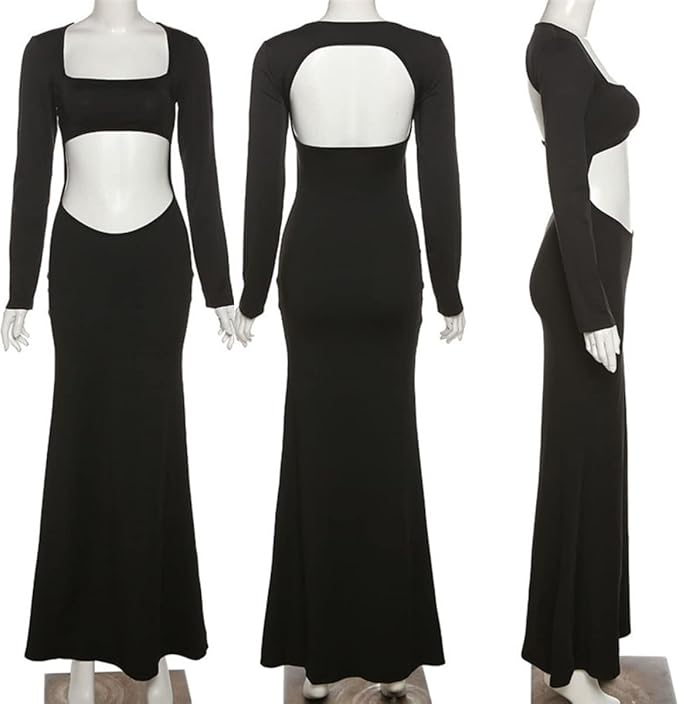 Suillty Women Sexy Hollow Out Bodycon Dress Long Sleeve Backless Belly Cutout Long Dresses for Cocktail Party Festival
