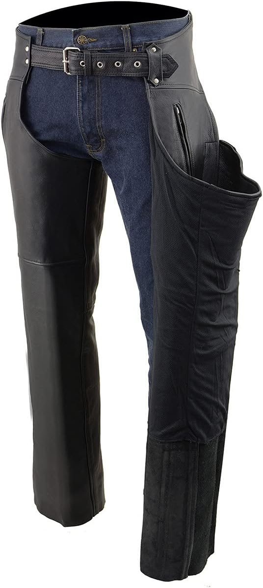 Milwaukee Leather Chaps for Men's Black Prime Leather Zipped Thigh Pocket-Mesh Lined Motorcycle Rider Chap-SH1190