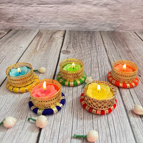 Tealight Candle Holders Round Votives Diya for Home Decoration T-Light Holder for Christmas Indian Festival Decorations Lighting Accessories Wedding Pooja Boho Decor (8 pack)