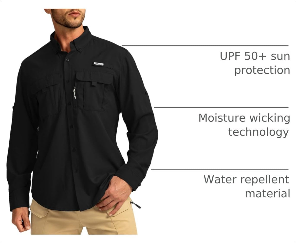 Men's Sun Protection Fishing Shirts Long Sleeve Travel Work Shirts for Men UPF50+ Button Down Shirts with Zipper Pockets