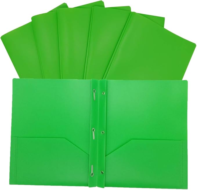WR Plastic Two Pocket Folder with 3 prongs for Office and School-6 Pack (Green)