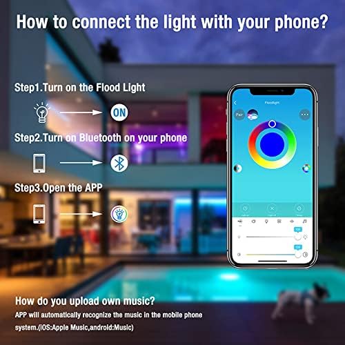 XUNATA 15W RGBW LED Reflector, Outdoor RGB Bluetooth Color Changing, Music Synchronization, Smart Flood Light, Dimmable, Waterproof, IP66, Wall Washer, Spotlights