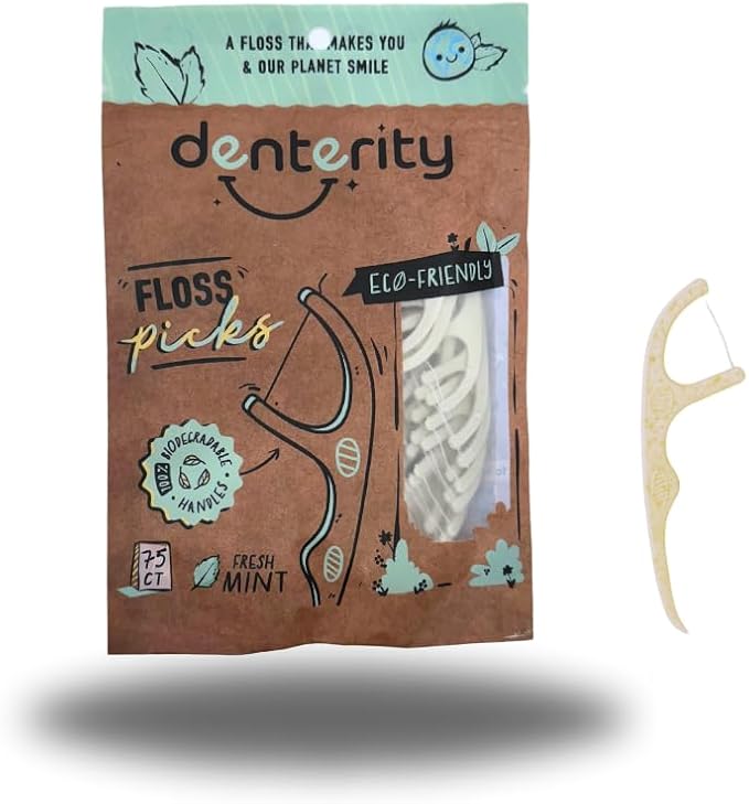 Biodegradable Dental Floss Picks, Earth Friendly Handle, Mint, 75ct Pack of 1, White
