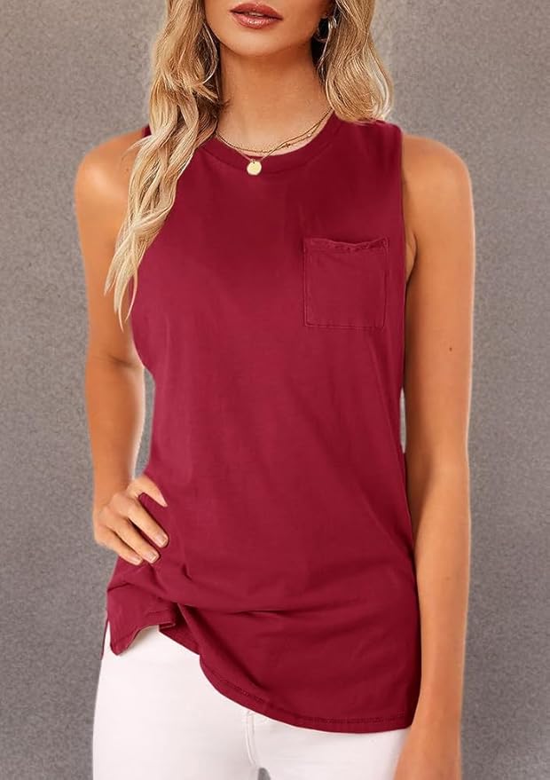 Women's High Neck Tank Top Sleeveless Blouse Plain T Shirts Pocket Cami Summer Tops