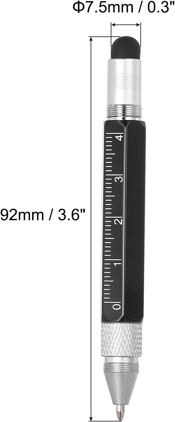 MECCANIXITY 6 in 1 Metallic Stylus Pen Aluminum Alloy Mini Capacitive Pens with Ballpoint Pen, Ruler, Screwdriver, Stylus, Keychain for Men and Women,Black