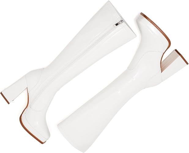 ZXHYZLZ Knee High Gogo Boots 70S For Women Wide Calf Long Tall Square Toe Chunky Boot Women