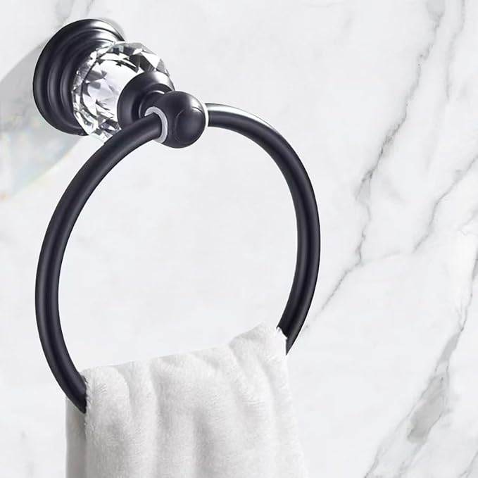 Black Crystal Towel Ring, Bathroom Towel Holder Ring, Matte Black Bathroom Towel Rack Hanger Home Hand Towel Ring Towel Holder for Bathroom Wall Mounted Bathroom Accessory