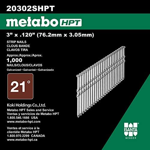 Metabo HPT Framing Nails 3 Inch x 0.120 21 Degree Full Round Head Ring Shank Hot Dipped Galvanized 1,000 Count 20302SHPT