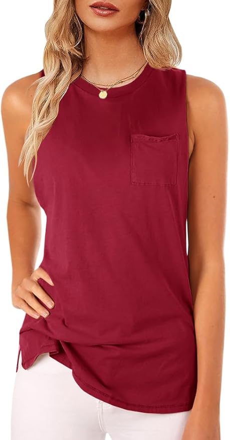 Women's High Neck Tank Top Sleeveless Blouse Plain T Shirts Pocket Cami Summer Tops