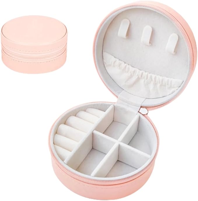 Round Small Jewelry Box Pu Leather Travel Jewelry Organizer for Women 2pcs Mini Travel Jewelry Storage Organizer Case Round for Necklace Earrings Valentine's Day Gift (Pink)