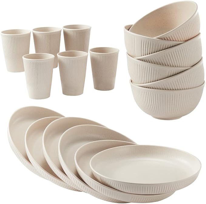 12pcs Wheat Straw Dinnerware Sets HXYPN Unbreakable Reusable Dinnerware Set Kitchen Cups Plates and Bowls Sets Dishwasher Microwave Safe Plates