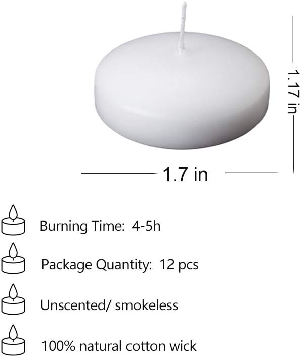 12Pcs Floating Candles for Centerpieces 4 Hours 1.7 Inch Burning White Unscented Classic Floating Candles for Weddings, Parties,Spa,House-Warming,Holiday and Home Decorations