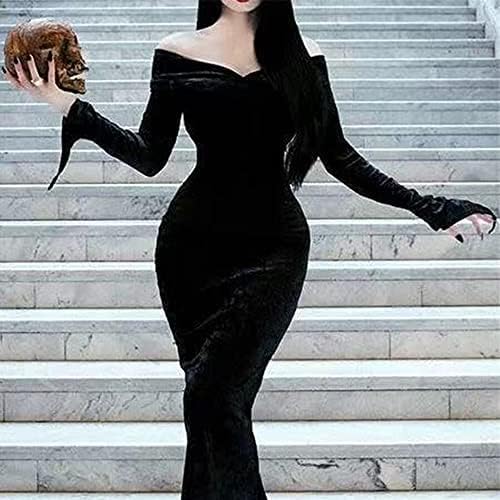 Halloween Addams Costume Dress Adult Women Cosplay Off Shoulder Maxi Long Sleeve Family Party Dresses