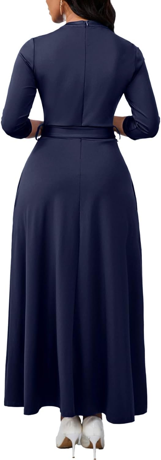BubFee Maxi Dresses for Women Semi Formal Long Dress 3/4 Sleeve Casual A-line Church Dresses with Pockets